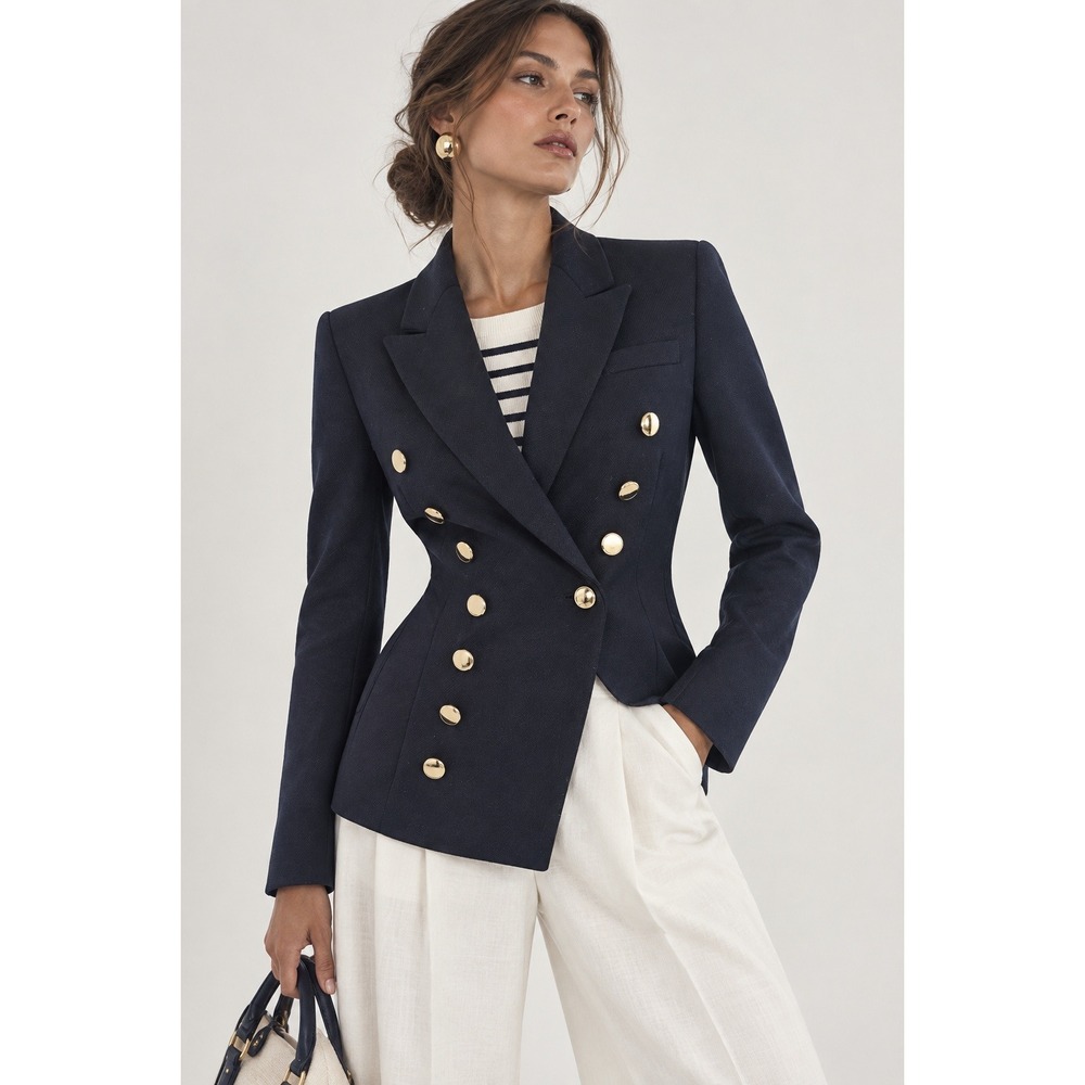 Topshop Blazer Women 2 Navy Blue Double Breasted Gold Button Tailored Nautical